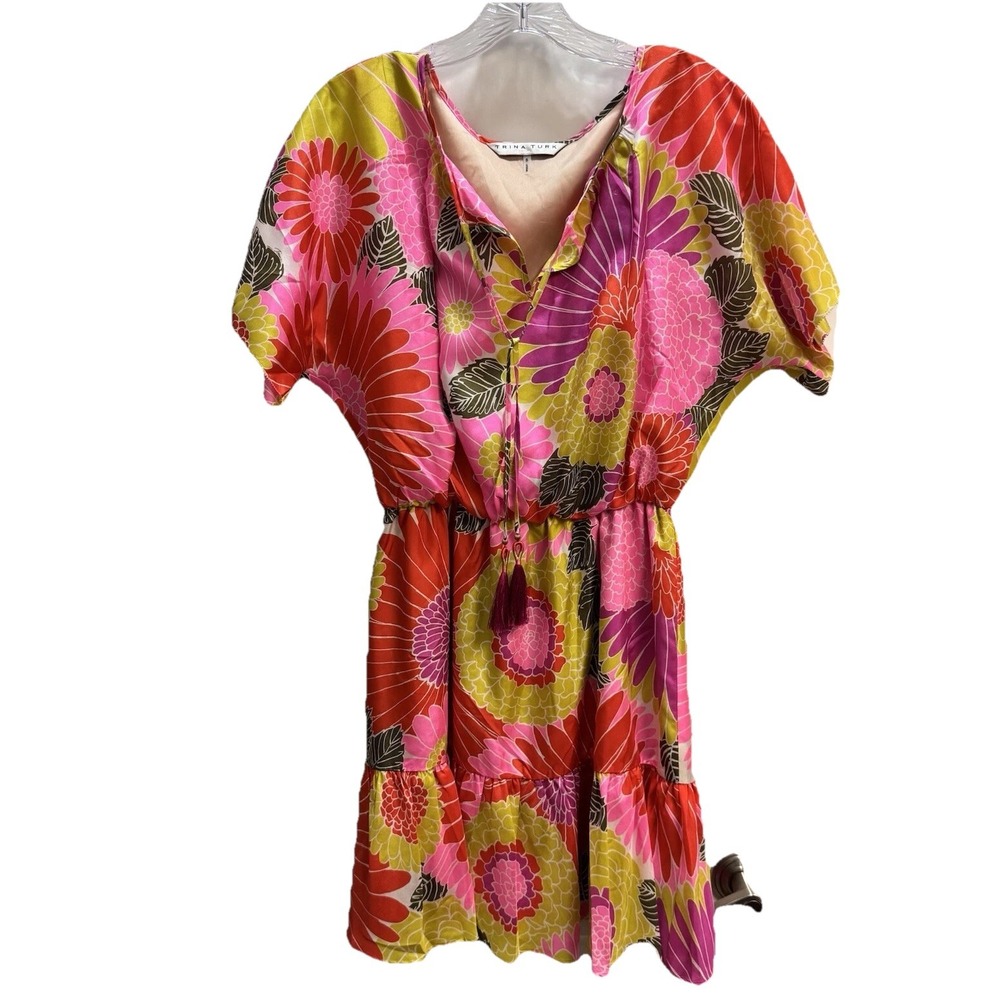 Trina Turk 100% Silk Multicolor Tassel Blouson Mini‎ Mahalo Dress Sz S Resort #D